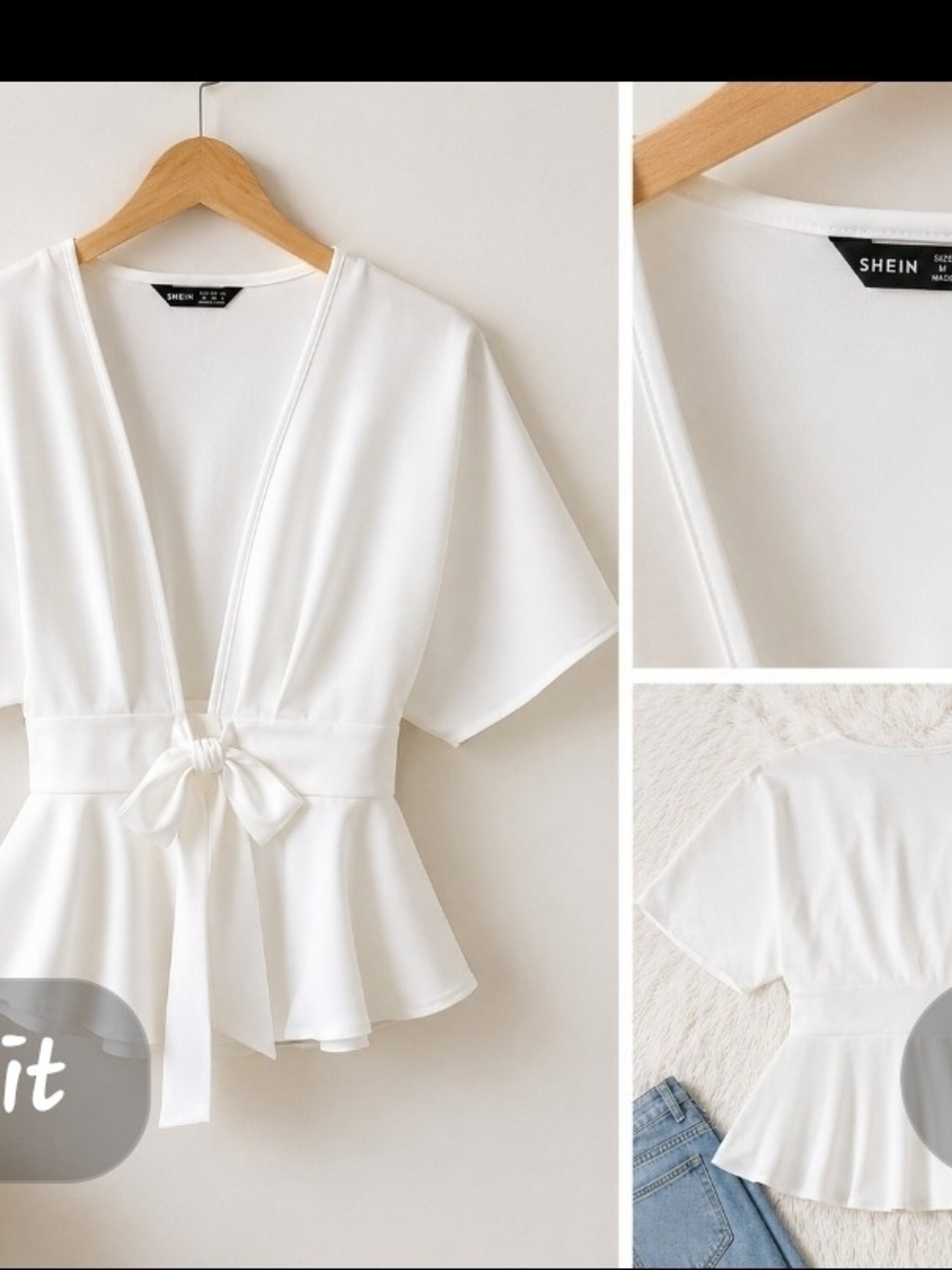 SHEIN White V-Neck Tie-Waist Peplum Blouse
